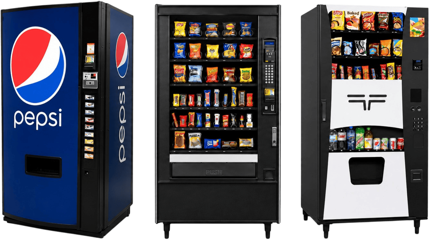 Drink, snack and combo vending machines and a Vendera AI smart cooler sold by Louisiana Vending