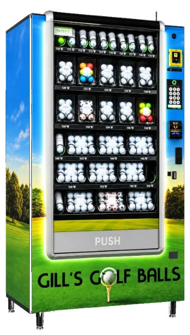 Custom wrapped golf ball vending machine built by Louisiana Vending